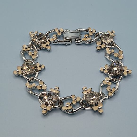 Vintage Creamy White Flower Bracelet, Clear Rhinestones, Mid-Century - Picture 1 of 10